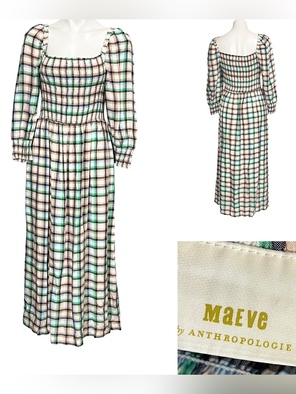 Maeve by Anthropologie Cerie smocked Maxi Dress Med pastel plaid cottagecore